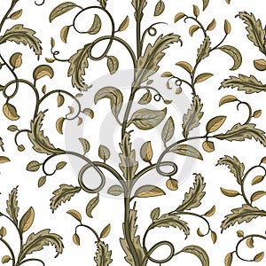 Jacobean embroidery floral seamless pattern. Fantasy baroque print with olive curl leaves and swirl branch.