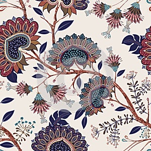 Jacobean seamless pattern. Flowers background, provence style. Stylized climbing flowers. Decorative ornament backdrop