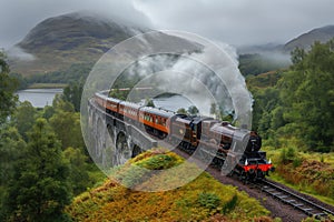 Jacobite Express, A train is seen traveling over a bridge on a cloudy day, with its engines and carriages visible, creating a