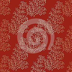 Jacquard effect wild meadow grass seamless vector pattern background. Gold and red metal foil effect backdrop of leaves