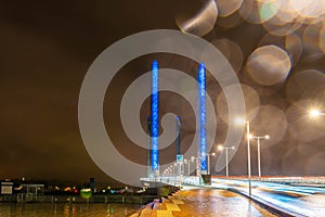 Jacques Chaban Delmas bridge over the Garonne at night in the rain, in Bordeaux in the Gironde, New Aquitaine, France