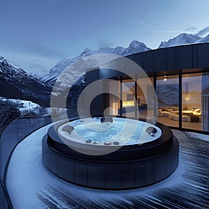 this is a jacuzzi in a cabin with a scenic view of the mountains