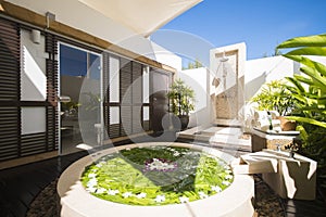 Jacuzzi decoration by flowers and foliage in spa room