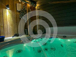 Jacuzzi one beautiful evening in winter, cold outside