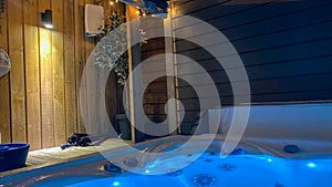 Jacuzzi one beautiful evening in winter, cold outside