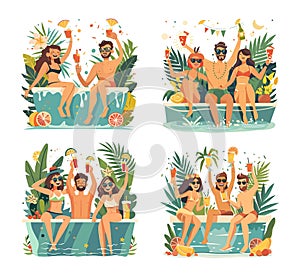 Jacuzzi party cartoon vector scenes. Man women cheerful happy cocktails drinking holiday characters, tropical garlands