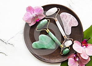 Jade face rollers for beauty facial massage therapy