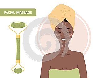 Jade facial roller. Chinese gua sha massage. African woman portrait with lymphatic massage scheme. Chinese skin care