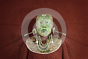 Jade mosaic funeral mask and the jewelry found in the tomb of Mayan king Pakal from Palenque, the National Museum of Anthropology