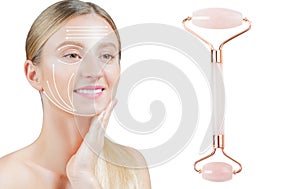 Jade roller. Woman with massage lines showing her face after jade roller massage