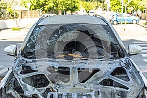 Jaffa, Tel Aviv, Israel. Burned car close up. Car after the fire, crime of vandalism, riots. Arson car. Accident on the