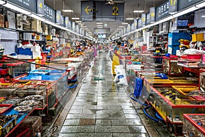 Jagalchi fish market alley view people in Busan South Korea