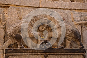 Jagdish Mandir Temple. Udaipur, India. Fragments of walls. The images of elephants.