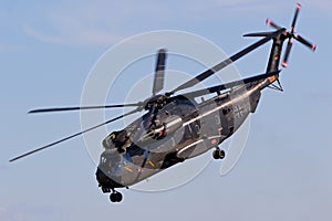 JAGEL, GERMANY - JUN 13, 2019: German Army Sikorsky CH-53 Stallion transport helicopter performing at the Tag der Bundeswehr