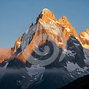 A mountain are illuminated by the warm light of the setting sun, highlight