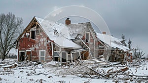 Jagged icy shards adorn the rooftops and windows of damaged farmhouses reflecting the chaotic aftermath of the hailstorm