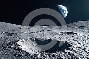 Jagged lunar craters, desolate dust, distant Earth , grey, moonscape