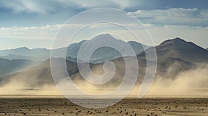 A jagged mountain range looms in the distance shrouded in a thick layer of swirling dust and sand.