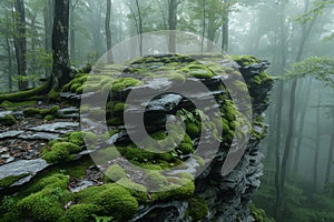 Jagged mountain rock formations covered with moss, in a misty forest. AI generated.