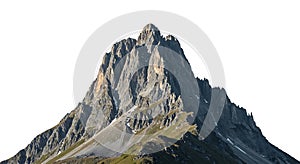 Jagged rock formations and steep cliffs characterize this mountain peak, set against a photo