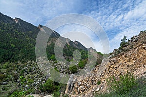 Jagged rocky ridge covered with sparse forest against a blue sky. Minimalistic atmospheric landscape with rocky mountain wall with