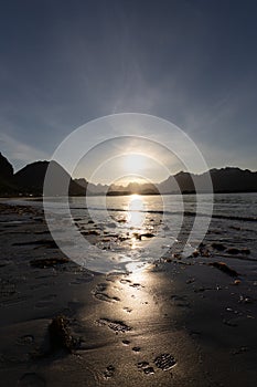 The jagged skyline of Lofoten with a low sun, Norway