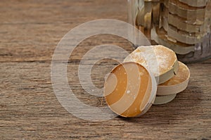 Jaggery organic sugar on wooden table