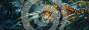 Jaguar in amazon rainforest mysterious prowl amid lush foliage and dappled sunlight