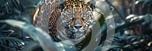 Jaguar blending in sunlit amazon foliage, mysterious wildlife portrait in lush rainforest setting