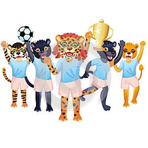The jaguar girl with goblet, and the team of two panthers, tiger and lion is on the white background
