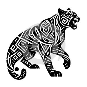 A jaguar that growls, a black and white abstract drawing of a tattoo emblem on a white background