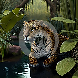 Jaguar Habitats At Rainforest. Generative AI