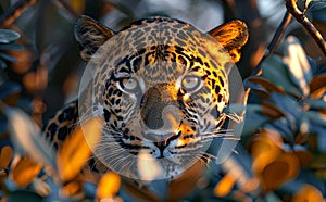 Jaguar looking directly at the camera through the leaves of tree in the Pantanal Brazil. photo