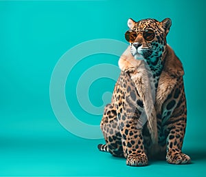 Jaguar in luxury wealthy fancy chic luxurious impeccable fur leather fabrics outfits isolated on bright background