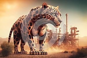 Jaguar panther standing in front Toxic mass from a chemica. Generative AI photo