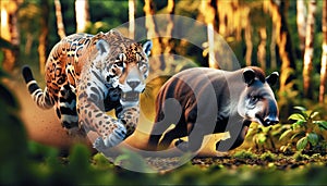 Jaguar (panthera onca) chasing a Tapir. Generative Ai