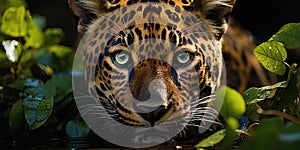 Jaguar's lifegently green eyes, hiding wild power and resista photo