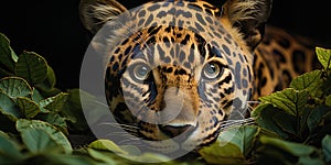 Jaguar's lifegently green eyes, hiding wild power and resistan photo