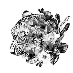 Jaguar snout snarl in profile round composition decorated with flowers and leaves of Magnolia and rosehip photo