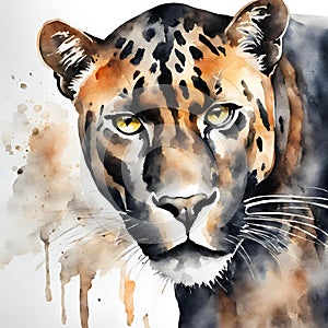 Jaguar on splashed in brown paint background, watercolor illustration.