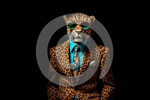 Jaguar In Suit And Sunglasses On Black Background. Generative AI