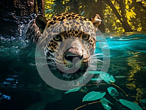 a jaguar swimming in the river