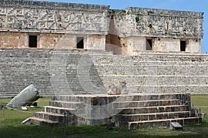 Jaguar throne and Governor's Palace in the foreground. Uxmal, Yu