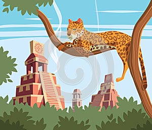 Jaguar on tree and Ancient Mayan Pyramids in background