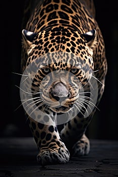 Jaguar Walking down, penetrating eyes, frontal shot, tattoo design, better light