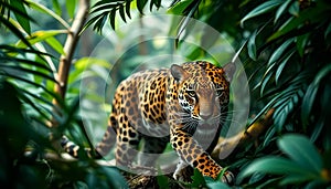 Jaguar is walking through the jungle