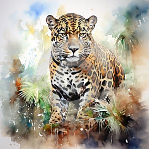 Jaguar watercolor painting with background predator animals wildlife wild and free wildlife print for t-shirt