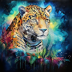 Jaguar watercolor painting with predator animals wild and free wildlife print for
