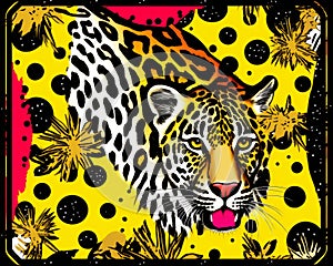 a jaguar on a yellow and black background