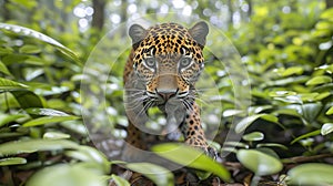 Jaguars expertly camouflaged, stealthily hunting along the river banks in the lush tropical jungle photo